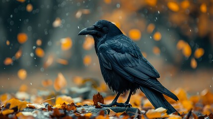 Fototapeta premium Black Crow Perched on Fallen Leaves in Autumn