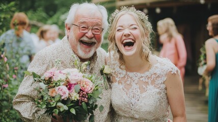 A joyful wedding celebration featuring a laughing bride and her smiling grandfather, surrounded by greenery and floral decorations.