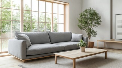 An airy Japandi living room featuring a minimalist gray sofa