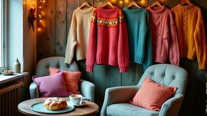 Cozy sweaters hanging in a rustic room with armchairs and warm lighting