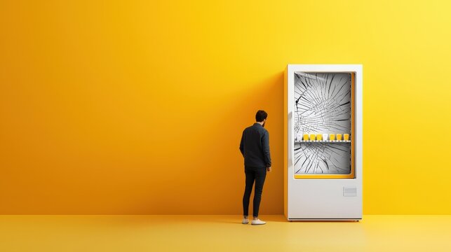 A person standing in front of a broken, empty vending machine, symbolizing the frustration of scarcity.
