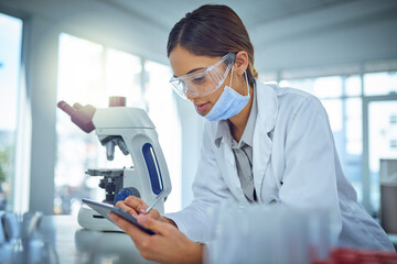 Female person, scientist and tablet for medical research for science experiment in pharmaceutical. Woman, technology and smile for pathology test, analysis and mpox vaccine as doctor in chemistry lab