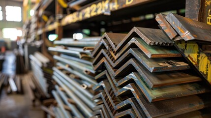 Stacked Steel Angle Irons in a Workshop