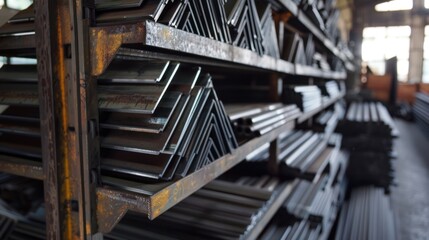 Metal Angle Iron Stacked on Shelves in a Warehouse