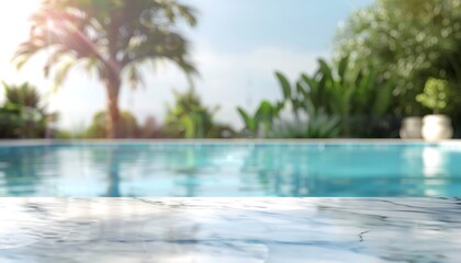 Wooden table in swimming pool with blurred background