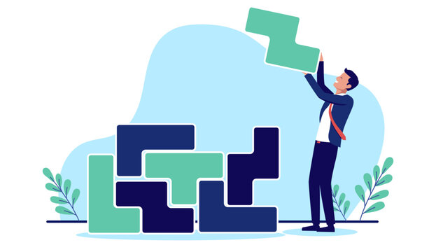 Solving business problem - Businessman person working with pieces of puzzle, laying bricks, building and solving logical challenge with layers of complexity piece by piece. Flat design illustration