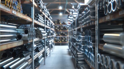 Naklejka premium Rows of Metal Pipes Stacked in a Warehouse
