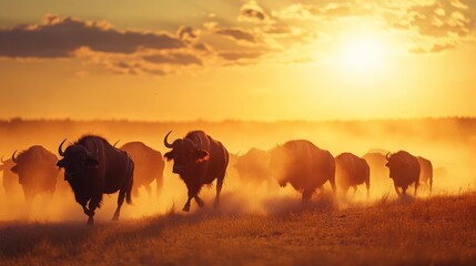 Naklejka premium A herd of buffalo silhouetted against a setting sun, running across a dusty plain.