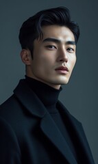 Man in black turtleneck and coat.