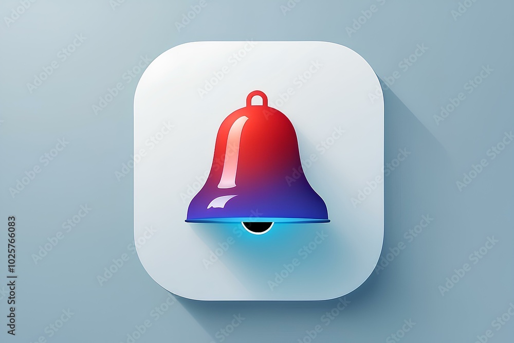 Poster 3d notification bell icon in red and blue on square button