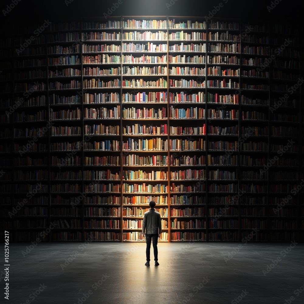 Poster a person standing in front of a library, symbolizing the endless resources for learning.