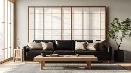 An elegant Japandi living room featuring a black leather sofa