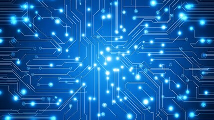 Abstract blue circuit board design with glowing lights.