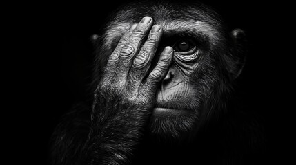 Monkey covering face with hand, expressive gaze, black and white portrait
