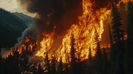 A forest fire burns intensely, sending flames high into the air and smoke billowing into the sky.