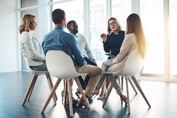 Mentor, team building and workshop with business people in office for support, training or...