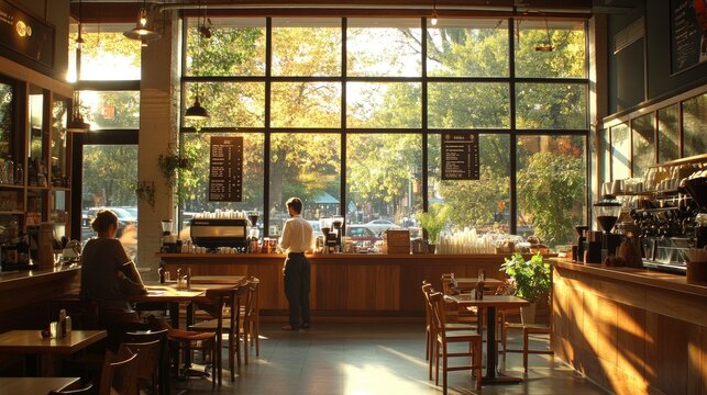 A cozy, sunlit cafe interior with warm wooden furniture and large windows letting in natural light, a barista preparing coffee behind the counter, and a few customers enjoying their drinks in the