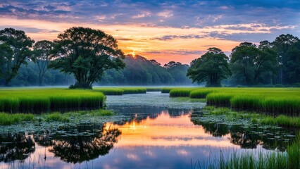 Obraz premium Serene sunset over a tranquil river surrounded by lush greenery and reflections.