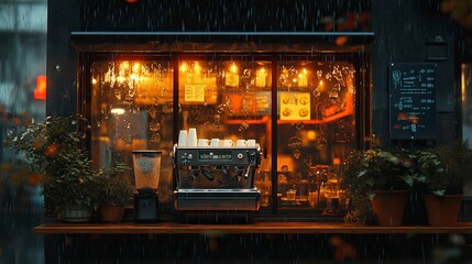 A rainy day outside a cafe, with raindrops clinging to the window glass, while inside, a warm and cozy atmosphere is maintained by the soft lighting and the glow from the coffee machine