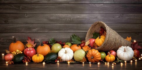 A beautiful arrangement of pumpkins, squash, and apples spills from a cornucopia onto a rustic wooden surface
