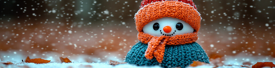 A snowman with a red hat and blue scarf is sitting on a snowy ground. The snowman has a smile on its face, giving the image a cheerful and playful mood