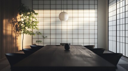 An inviting Japandi dining area with a dark wooden table