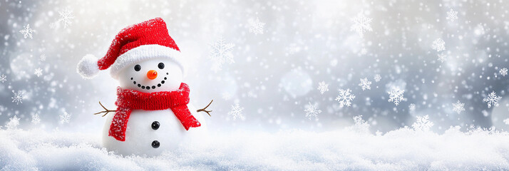 Fototapeta premium A snowman wearing a red scarf and a red hat. The snowman is smiling and he is happy