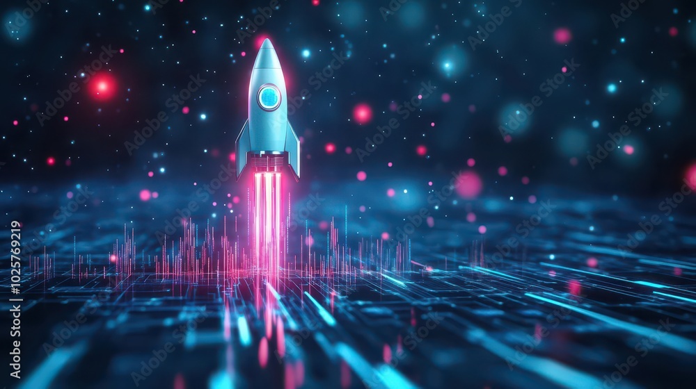 Poster a business rocket ship soaring through a digital galaxy, fast growth symbolized by trailing data str