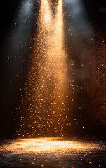 A bright light is shining on a dark background, creating a dramatic effect. The light is coming from above, illuminating the scene and casting shadows on the ground. The scene is set in a dark room
