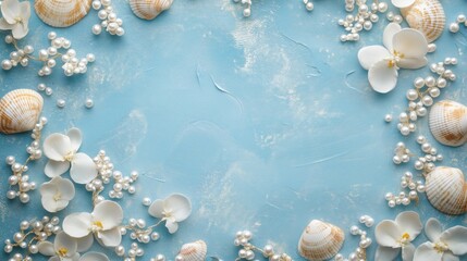 Fototapeta premium Seashells, pearls, white flowers on blue background, elegant decoration