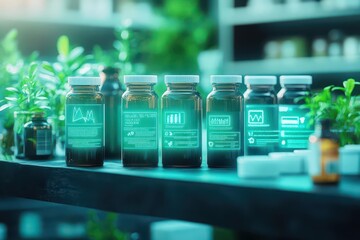 A herbal medicine shop with futuristic holographic labels on natural products