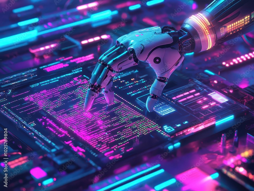 Poster A robotic arm assisting a software developer, advanced code written in 3D space, surrounded by data streams, vibrant neon accents