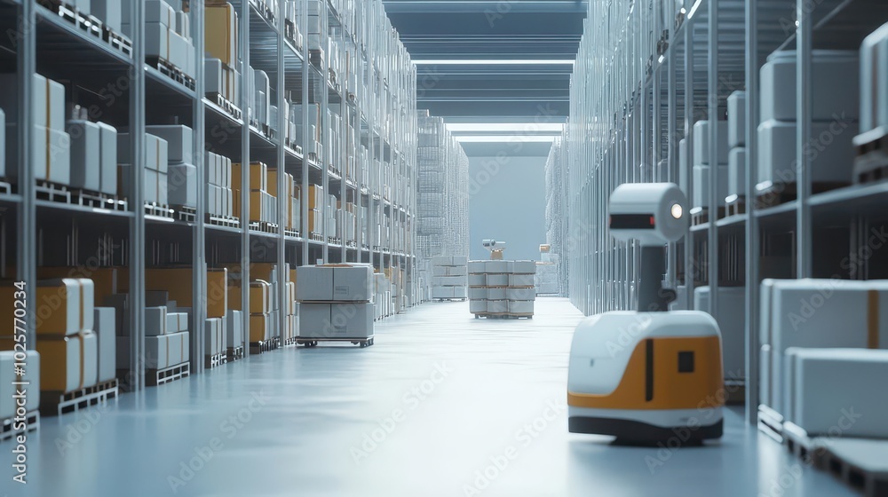 Fototapete ai-driven logistics center, robots organizing shipments in a high-tech warehouse, seamless automatio