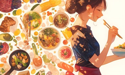 seamless pattern with vegetables,woman in a kitchen,girl with fruits,Healthy_Eating_Women_and_Various_Foods_minimal_simple, generation AI