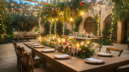 Obraz premium beautifully arranged festive table adorned with flowers, candles, and twinkling lights creates warm and inviting atmosphere for celebration. mistletoe hanging above adds charming touch to elegant