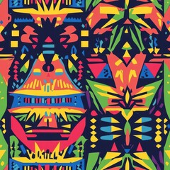 Brazilian tribal pattern, bright colors, tropical motifs, bold geometric shapes