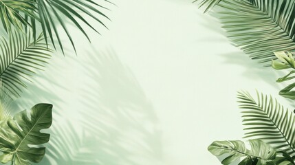 Lush green palm leaves framing a light background for design purposes.
