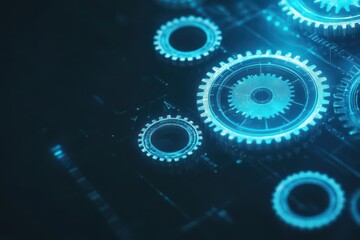 Clockwork gears, minimalist style, holographic overlay, glowing in blue tones, futuristic time concept