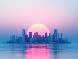 Coastal city at dusk, vibrant sunset, 3D illustration