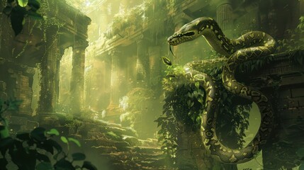 Obraz premium A Large Snake Coiled Around a Ruined Structure in a Verdant Jungle