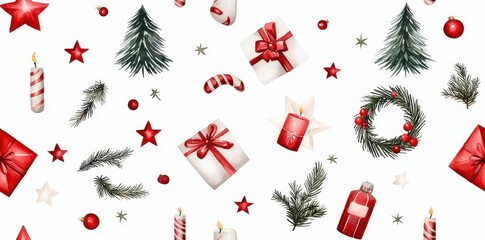 A seamless watercolor pattern featuring classic Christmas symbols such as Christmas trees, stars, gifts, wreaths, stockings, and candles, all set against a crisp white background.