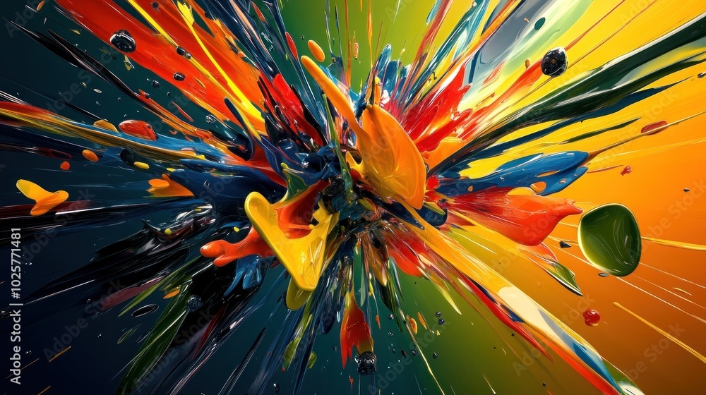 Poster an abstract, 3d illustration of colorful paint splatters bursting outward from a central point, crea