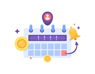 monthly or annual billing schedule concept. bill payment notification. information or reminder. illustration of a calendar with bells and coins. flat style design. elements