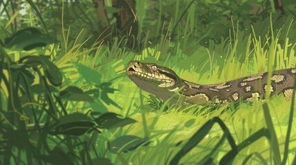 Naklejka premium A Camouflaged Snake in Lush Green Foliage