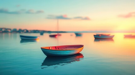 Naklejka premium Harbor city at dawn, boats and calm waters, 3D illustration