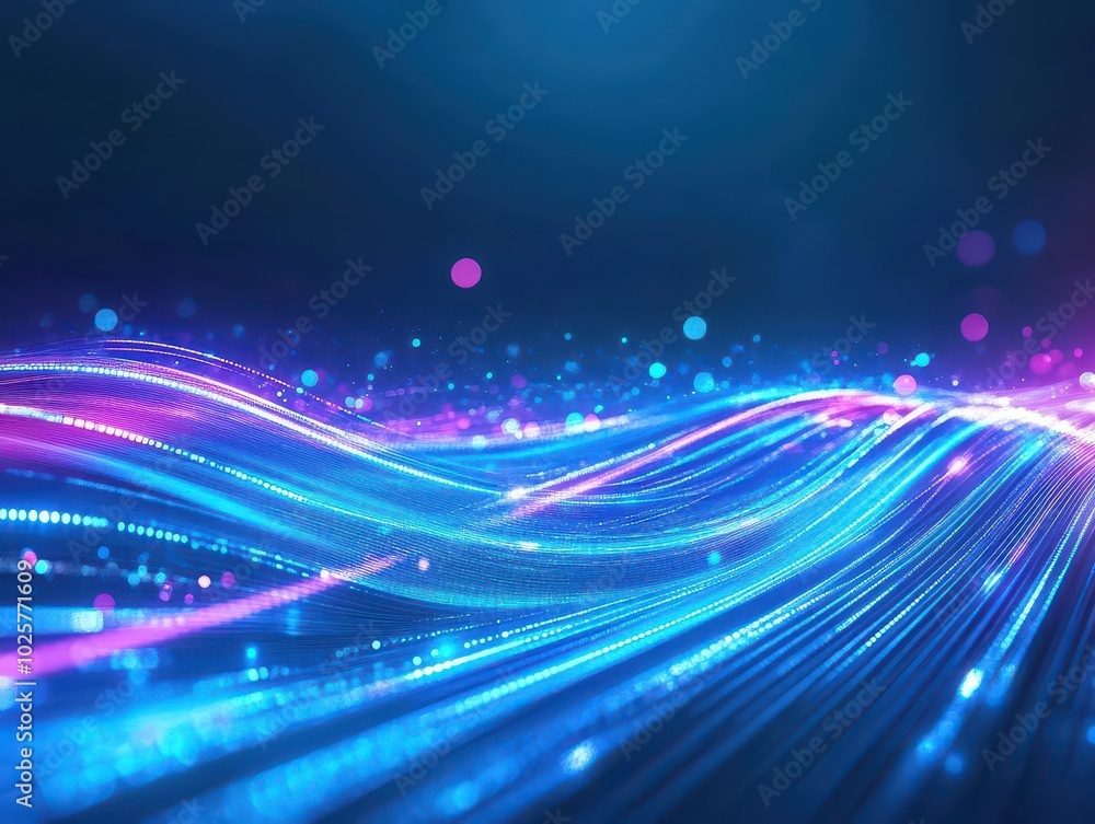 Poster light trails forming a smooth wave pattern, soft glowing blues and purples, minimalistic and futuris