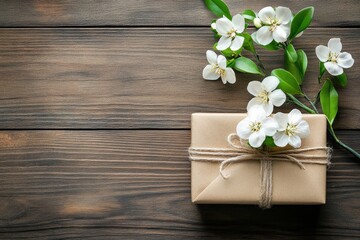 Fototapeta premium Rustic gift box with elegant white flowers on wooden background
