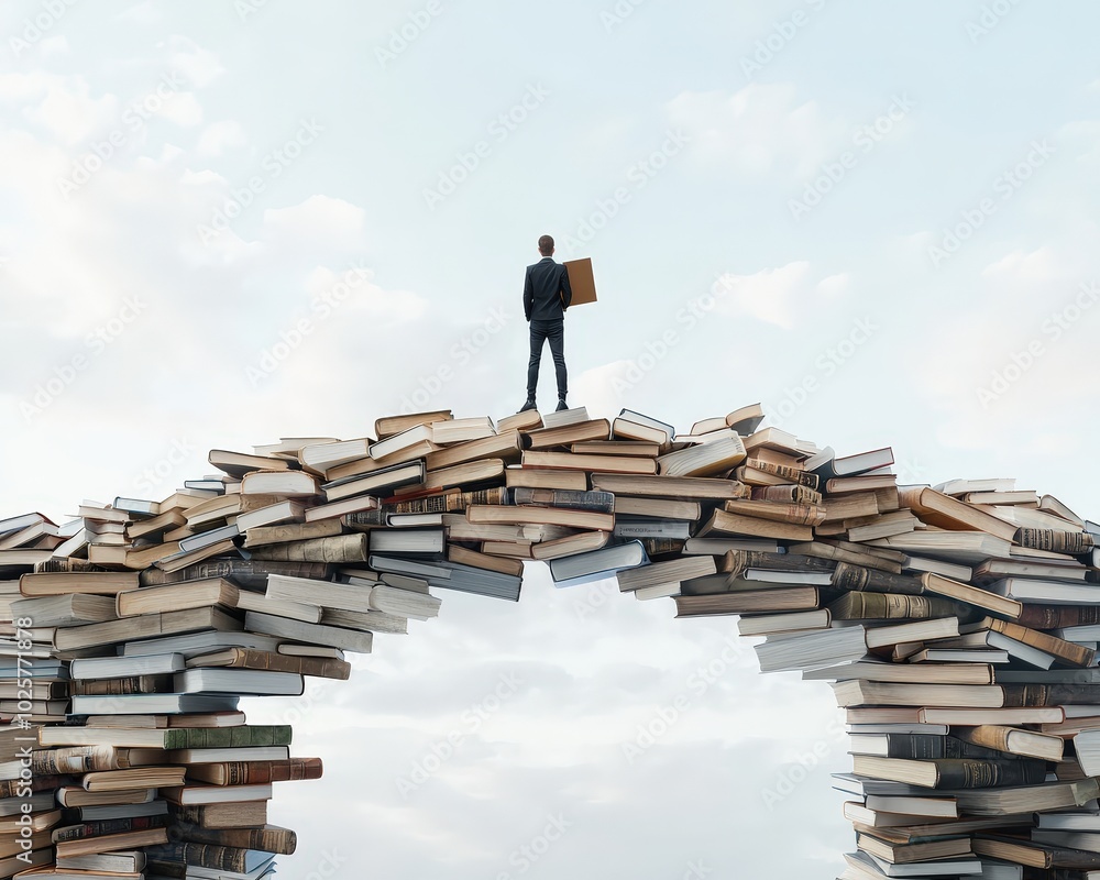Poster a person standing on a bridge made of books, symbolizing the connection between knowledge and action