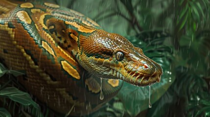 Fototapeta premium Close-up of a Burmese Python's Head in the Rain