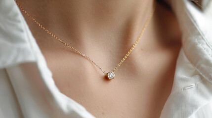  A girl wearing a  minimalist gold necklace with a  tiny round diamond 